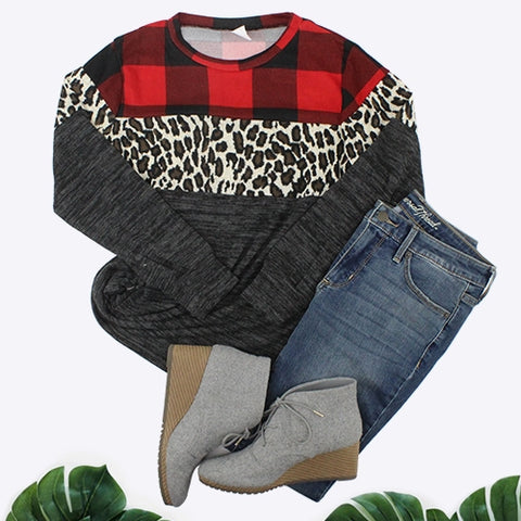 Shirt Long Sleeve Buffalo Plaid Leopard #10274