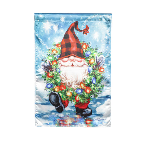 Evergreen Gnome with a Christmas Wreath House Luster Flag #13LU10560