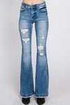 JEAN LADIES DISTRESSED MID RISE STRETCH TIE FLARE - PETITE #TZ929MF