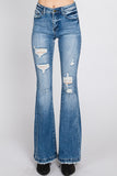 JEAN LADIES DISTRESSED MID RISE STRETCH FLARE WITH TROUSER HEM #T929MF