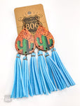 EARRING WOOD TEARDROP WITH PRINT AND TASSELS #806-E070-BRTQ