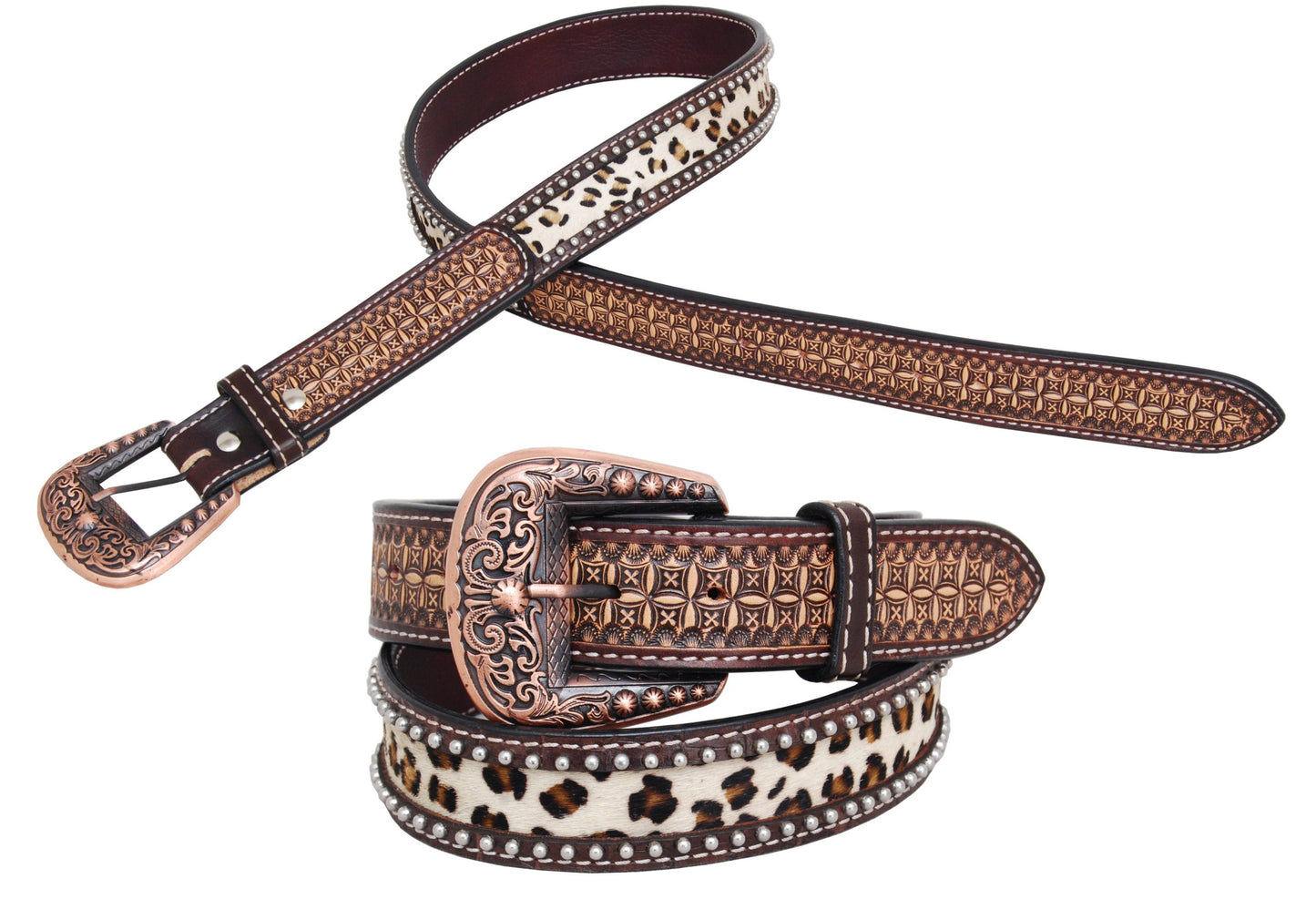 Rafter T Belt with Tooling, Leopard Print Hair On Inlay #BT626