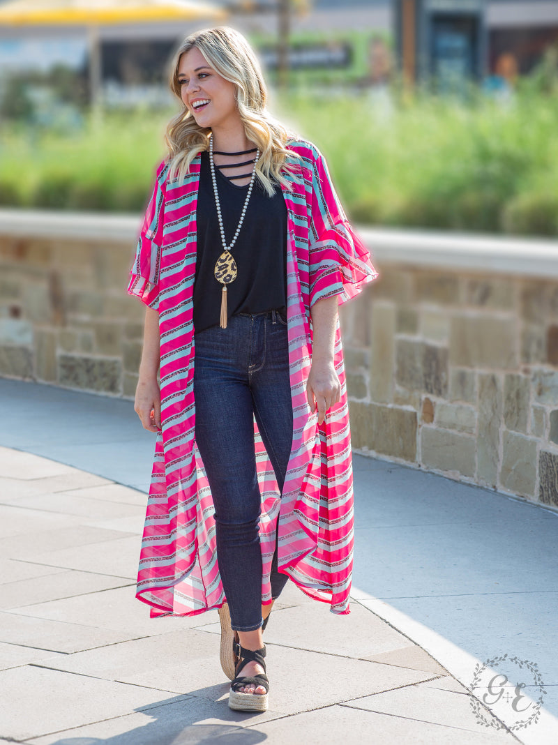 KIMONO NEON MOON DUSTER WITH RUFFLE SLEEVE, PINK AND LEOPARD #CA1178