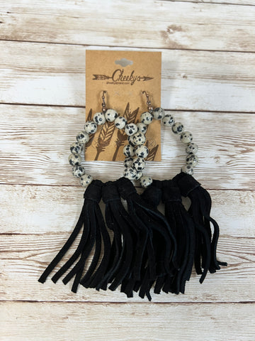 Earring Willa Leather Tassel Earrings with Cow Print Beads and Black Tassels  #JE132-18-J29