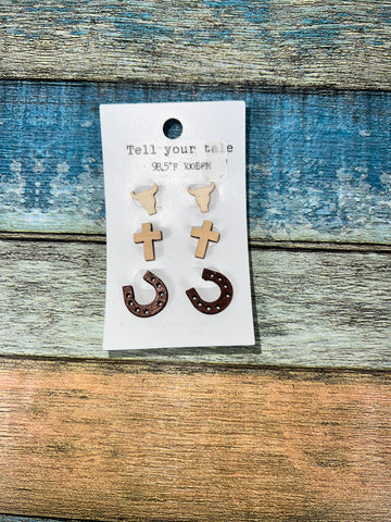 Earrings 3 Pack Post Steer, Cross, Horse Shoe #CE3974-BRNMLT