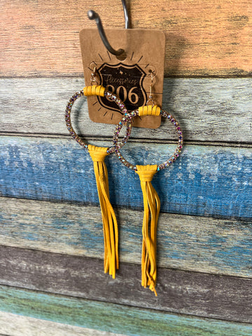 EARRING Yellow Leather Tassel with Rhinestones #806-E259BABYE