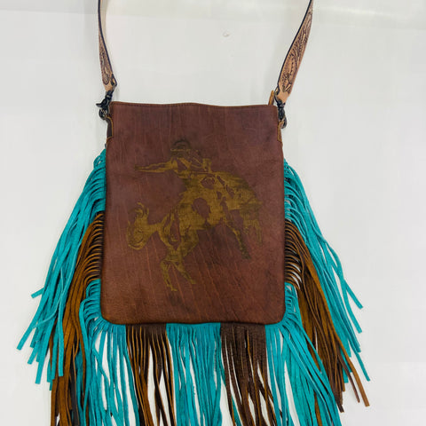 Purse Leather Cross Body With Bronc Turq and Brown Fringe #ADBG646