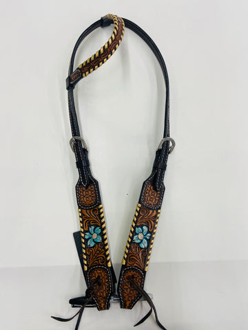 Headstall 1 Ear Blue Flower/ White Buck Stitch #ADPAR149-1E