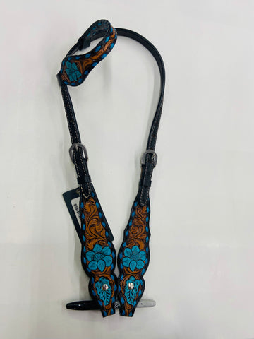 Headstall 1 Ear Blue Flower/ Blue Buck Stitch #ADPAR148-1E