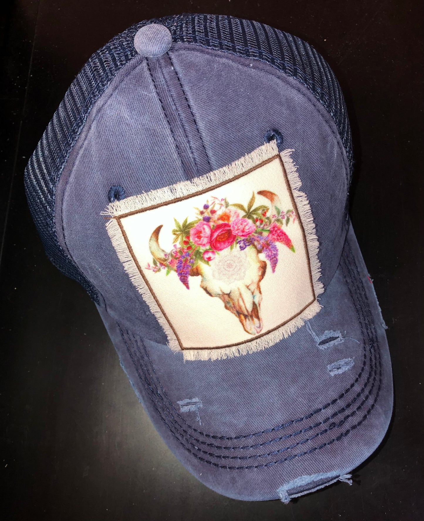 Hat Navy Distressed Floral Bull Skull Velcro Back #HT93347-FBS